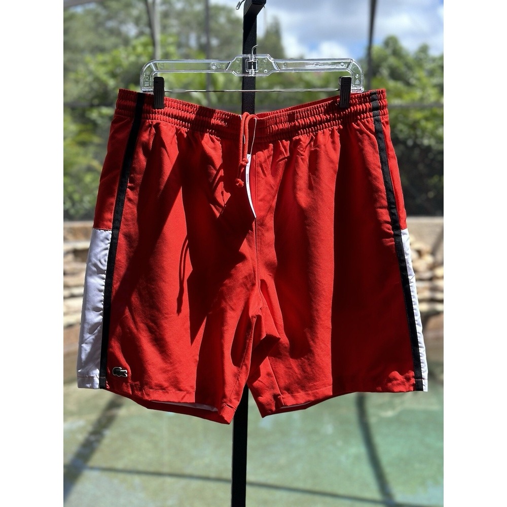 LACOSTE Men's Colourblock Tennis Shorts Red/White/Black Size L 8" Inseam